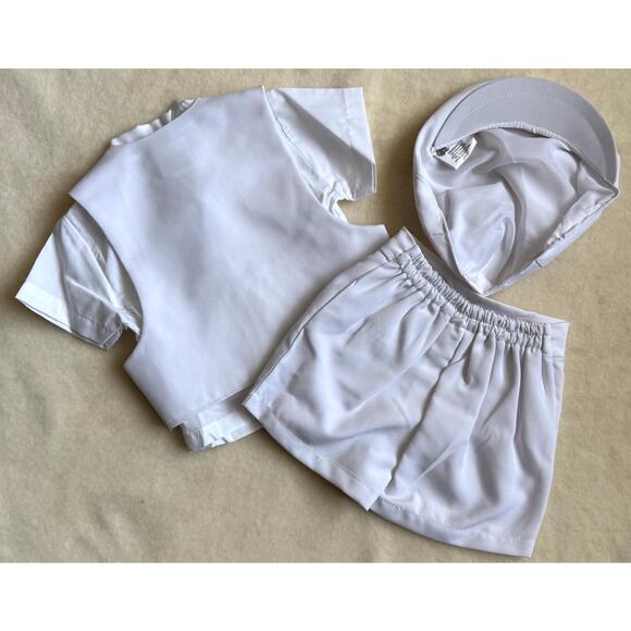 Vintage 90s MGM Kids Fashion 4-Piece Cap Vest Shorts Set Boys 6-9M White Bow - Picture 2 of 9